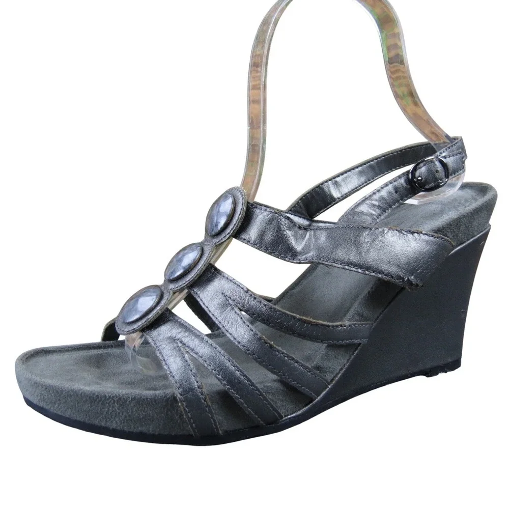 Aerology Plushetta Women 8.5 Pewter Synthetic Wedge Sandals Strappy‎ Comfort